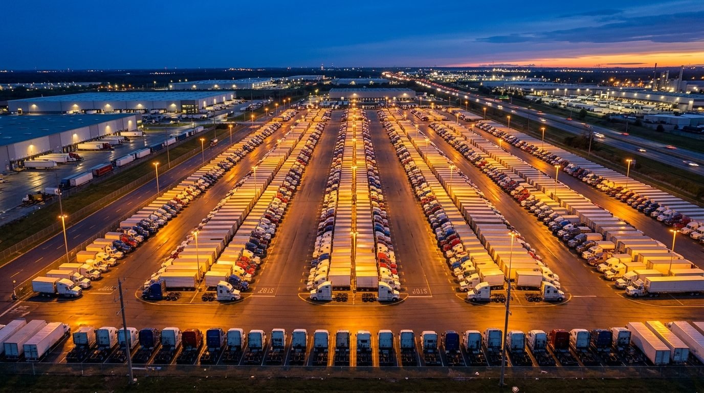 Commercial fleet vehicle lot at dusk